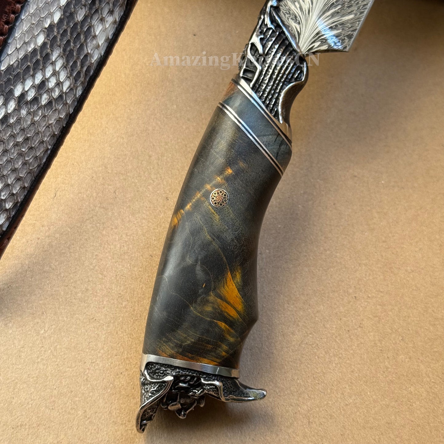 Collectible Feather Damascus Knife with Handmade Italian Snakeskin Leather Sheath - AK-HT1007