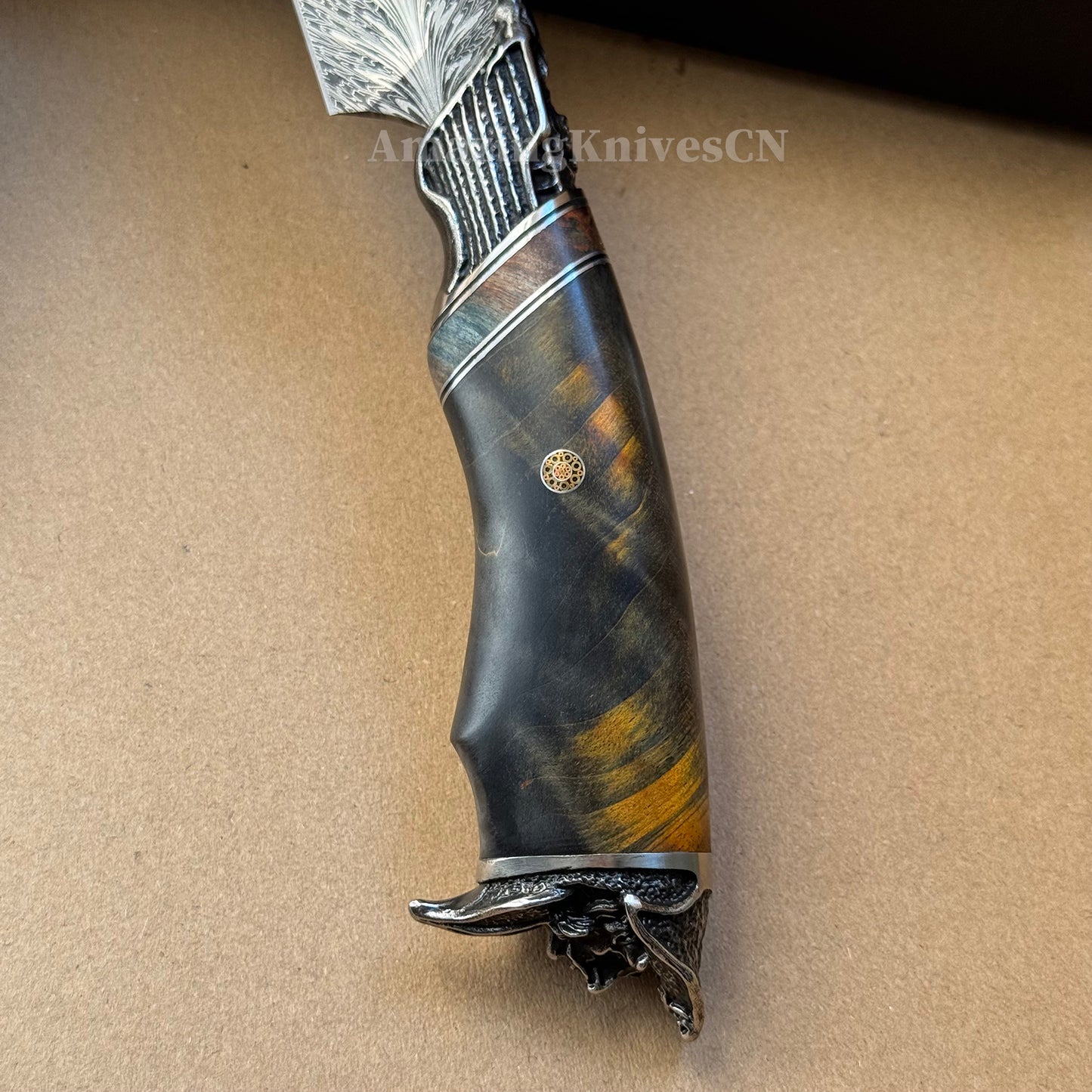 Collectible Feather Damascus Knife with Handmade Italian Snakeskin Leather Sheath - AK-HT1007