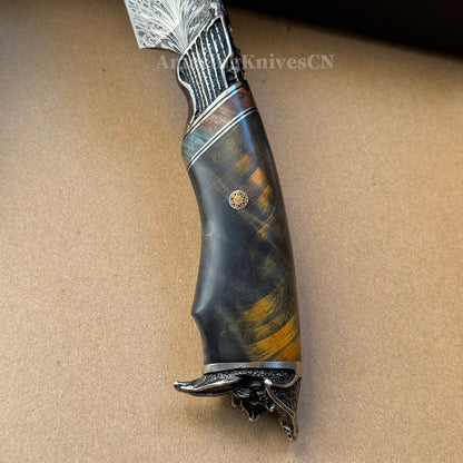 Collectible Feather Damascus Knife with Handmade Italian Snakeskin Leather Sheath - AK-HT1007