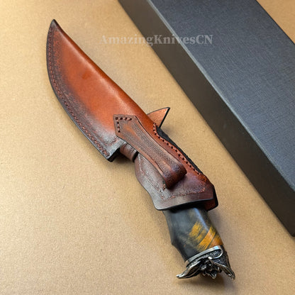 Collectible Feather Damascus Knife with Handmade Italian Snakeskin Leather Sheath - AK-HT1007