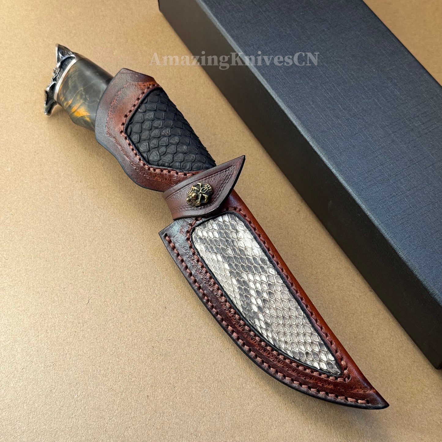 Collectible Feather Damascus Knife with Handmade Italian Snakeskin Leather Sheath - AK-HT1007