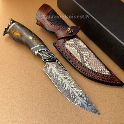 Collectible Feather Damascus Knife with Handmade Italian Snakeskin Leather Sheath - AK-HT1007