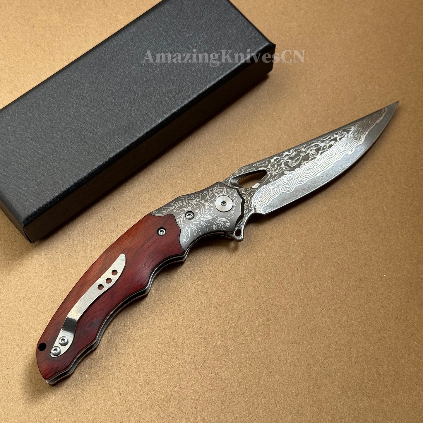 Handmade 78-Layer Damascus Steel Pocket Knife Rosewood Handle Ball Bearing Pivot - AK-HT1004