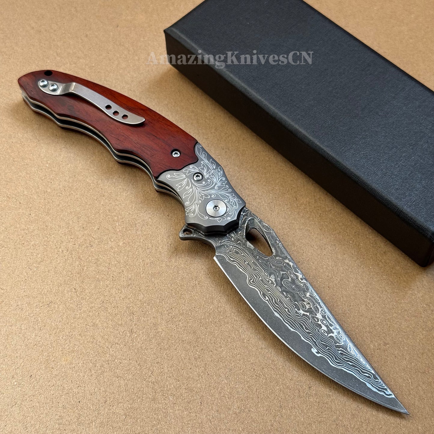 Handmade 78-Layer Damascus Steel Pocket Knife Rosewood Handle Ball Bearing Pivot - AK-HT1004