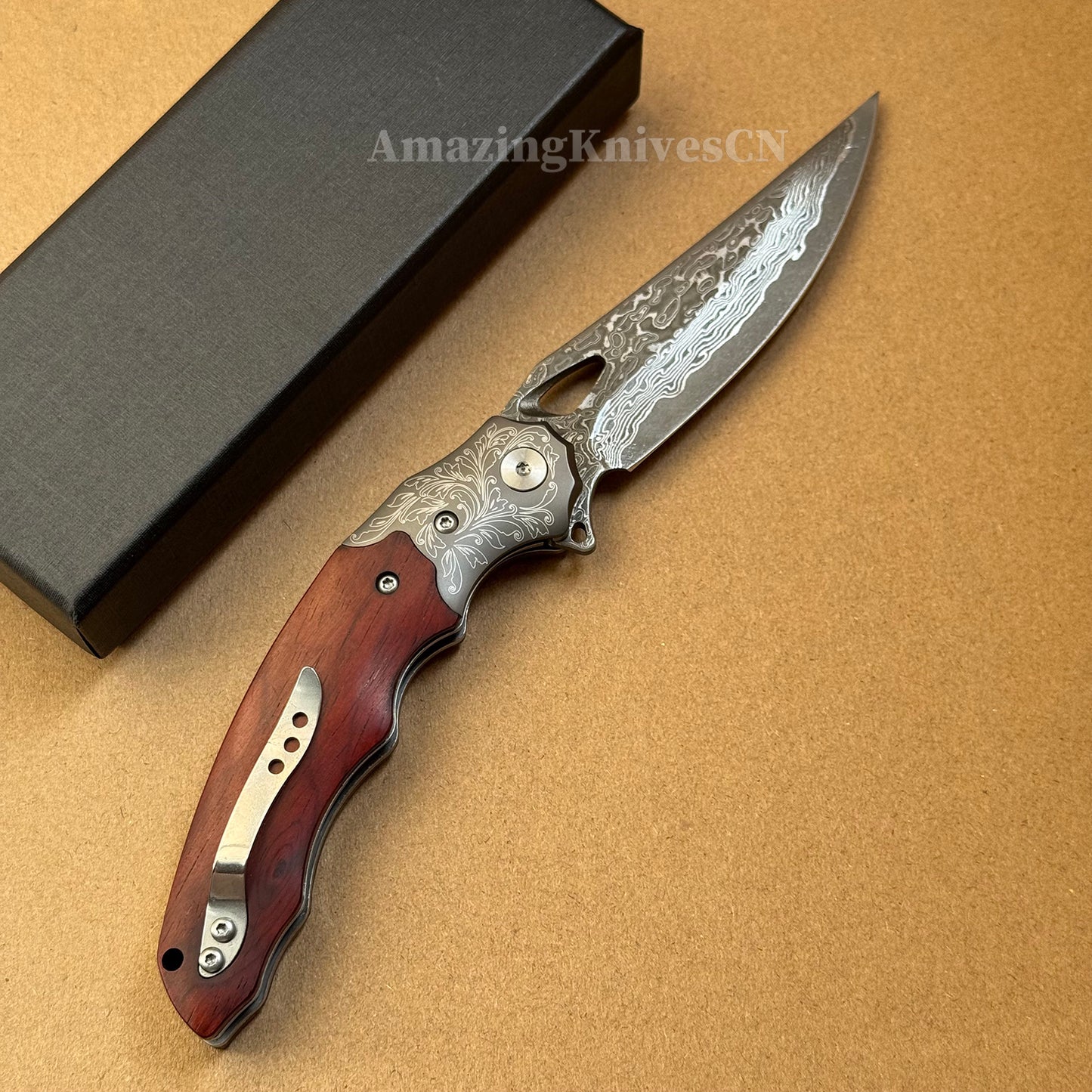 Handmade 78-Layer Damascus Steel Pocket Knife Rosewood Handle Ball Bearing Pivot - AK-HT1004