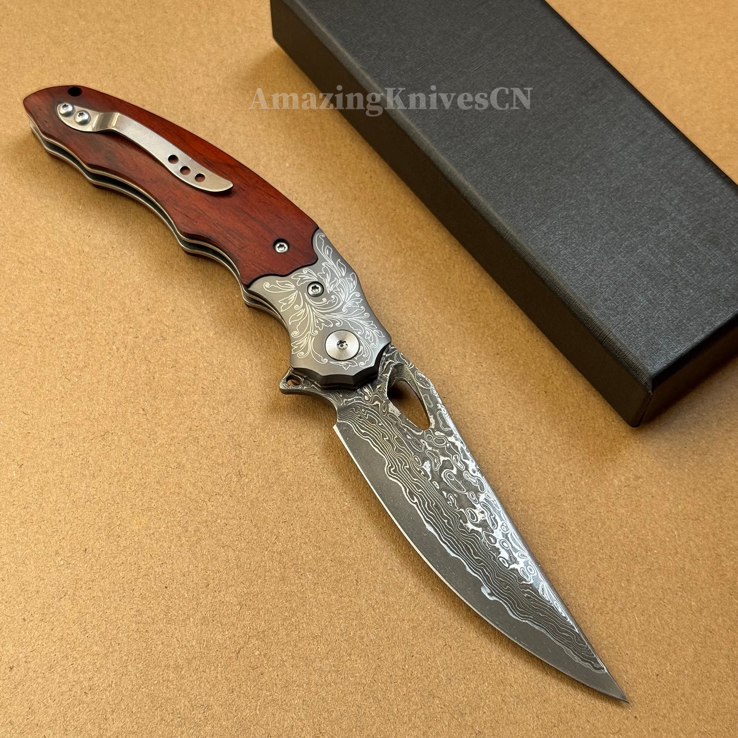 Handmade 78-Layer Damascus Steel Pocket Knife Rosewood Handle Ball Bearing Pivot - AK-HT1004