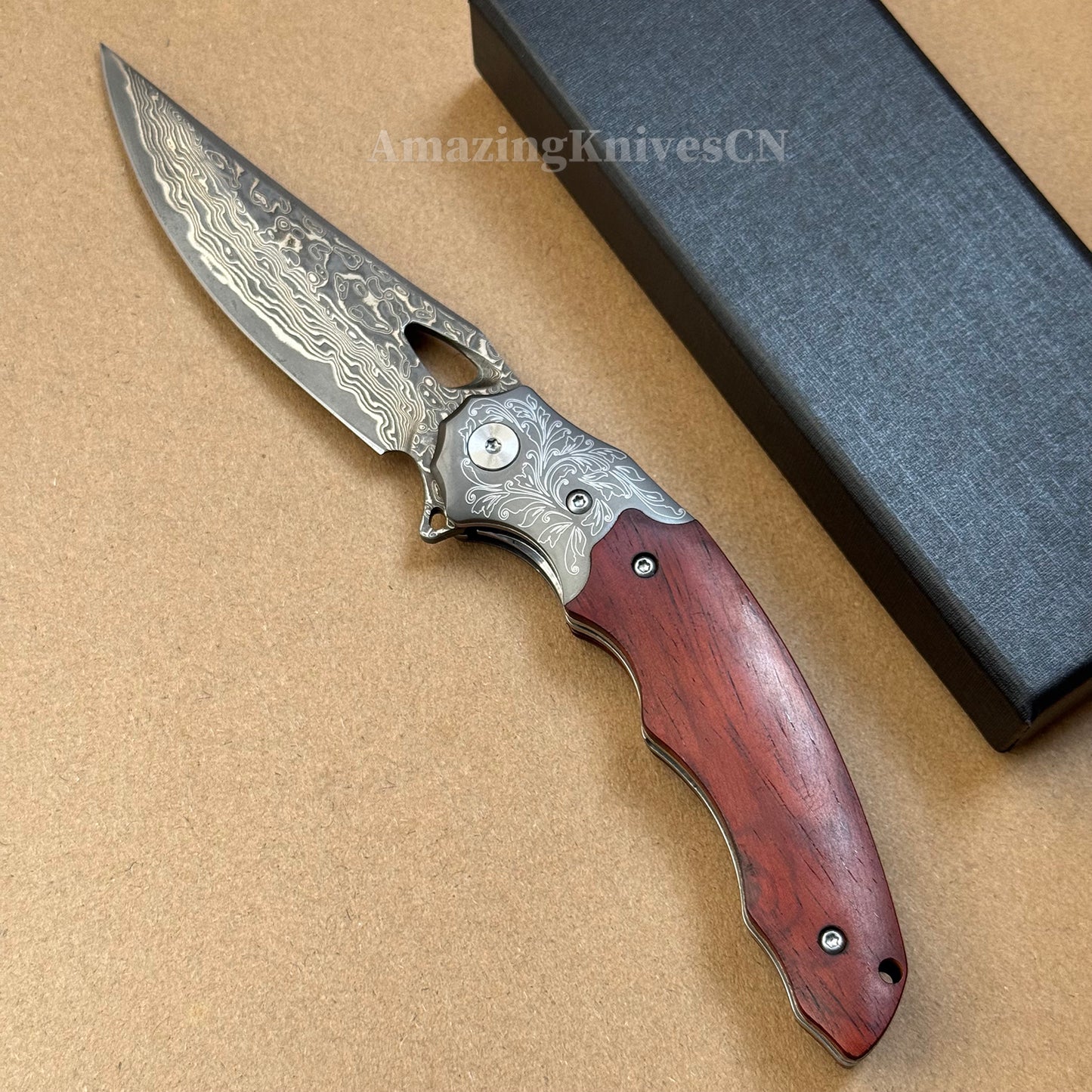 Handmade 78-Layer Damascus Steel Pocket Knife Rosewood Handle Ball Bearing Pivot - AK-HT1004