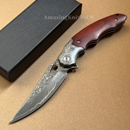 Handmade 78-Layer Damascus Steel Pocket Knife Rosewood Handle Ball Bearing Pivot - AK-HT1004