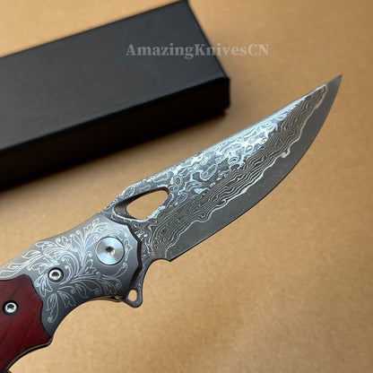Handmade 78-Layer Damascus Steel Pocket Knife Rosewood Handle Ball Bearing Pivot - AK-HT1004