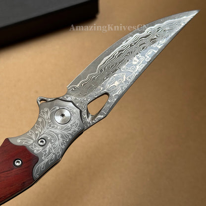 Handmade 78-Layer Damascus Steel Pocket Knife Rosewood Handle Ball Bearing Pivot - AK-HT1004