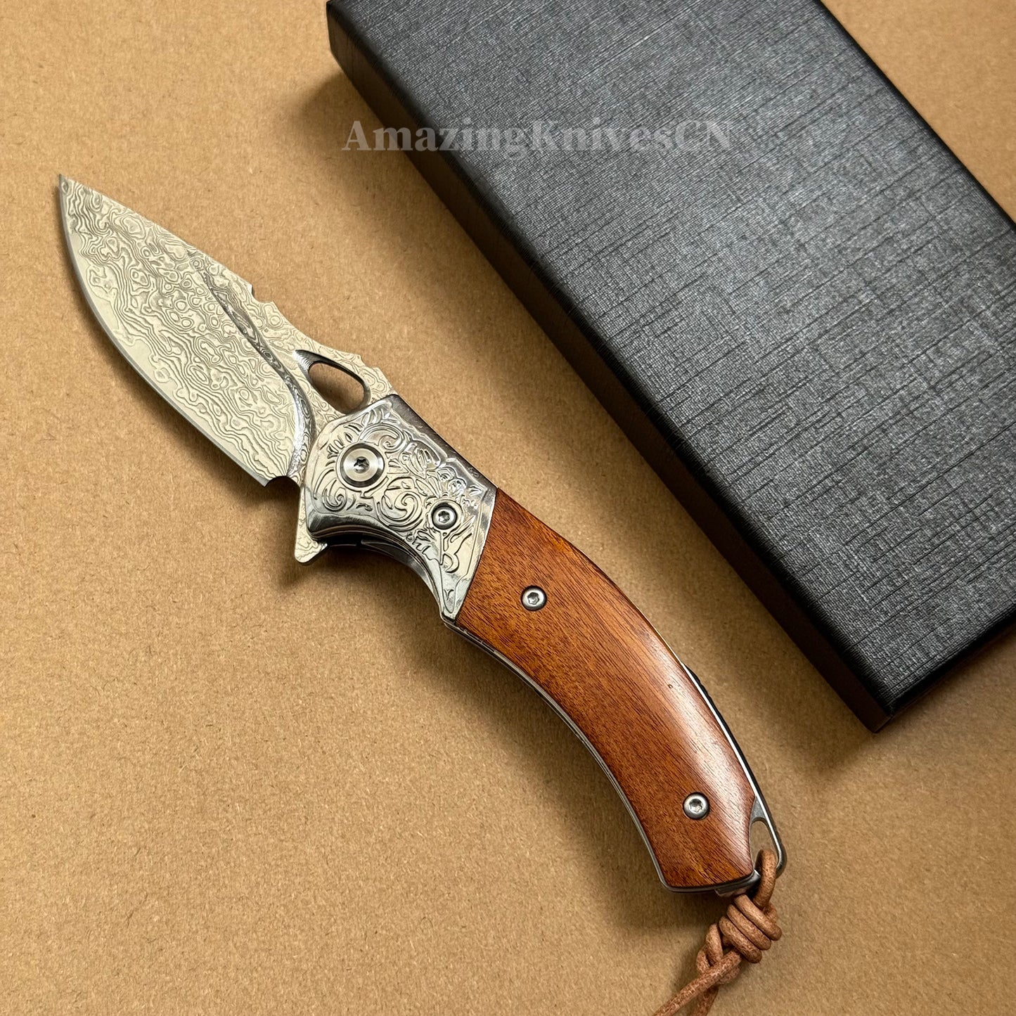 VG10 Damascus Steel Pocket Knife Desert Ironwood Handle Ball Bearing with Clip - AK-HT1012