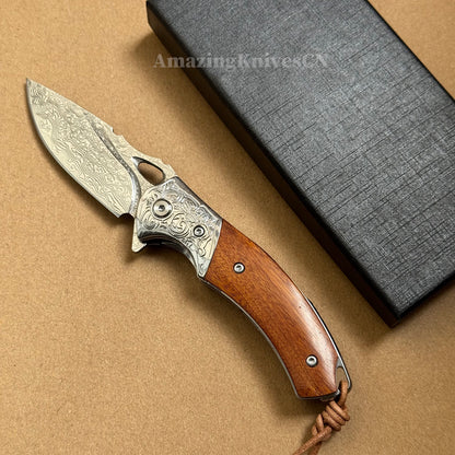 VG10 Damascus Steel Pocket Knife Desert Ironwood Handle Ball Bearing with Clip - AK-HT1012