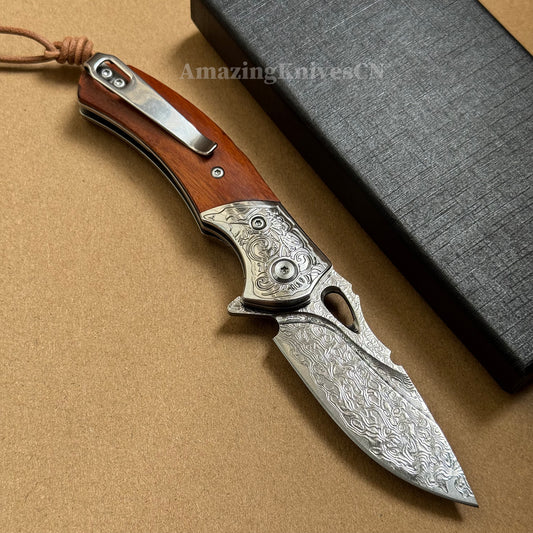 VG10 Damascus Steel Pocket Knife Desert Ironwood Handle Ball Bearing with Clip - AK-HT1012