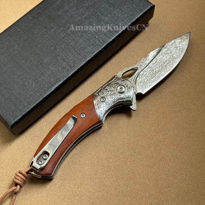 VG10 Damascus Steel Pocket Knife Desert Ironwood Handle Ball Bearing with Clip - AK-HT1012