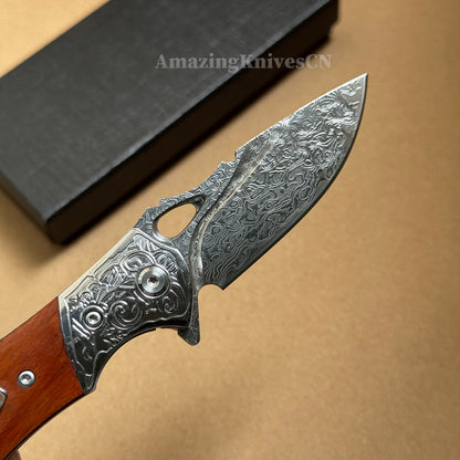 VG10 Damascus Steel Pocket Knife Desert Ironwood Handle Ball Bearing with Clip - AK-HT1012
