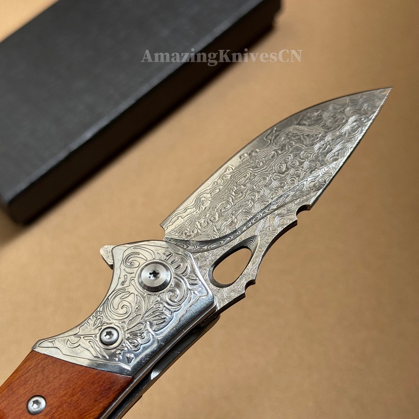VG10 Damascus Steel Pocket Knife Desert Ironwood Handle Ball Bearing with Clip - AK-HT1012