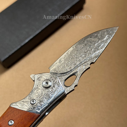 VG10 Damascus Steel Pocket Knife Desert Ironwood Handle Ball Bearing with Clip - AK-HT1012