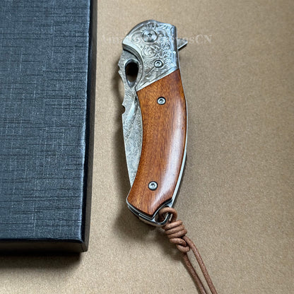 VG10 Damascus Steel Pocket Knife Desert Ironwood Handle Ball Bearing with Clip - AK-HT1012