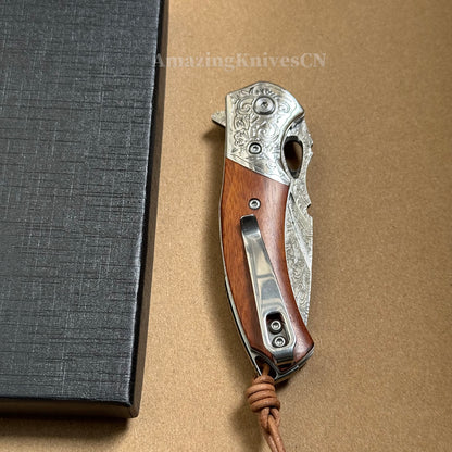 VG10 Damascus Steel Pocket Knife Desert Ironwood Handle Ball Bearing with Clip - AK-HT1012