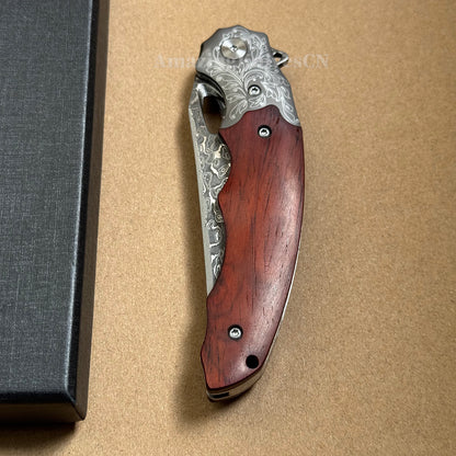 Handmade 78-Layer Damascus Steel Pocket Knife Rosewood Handle Ball Bearing Pivot - AK-HT1004