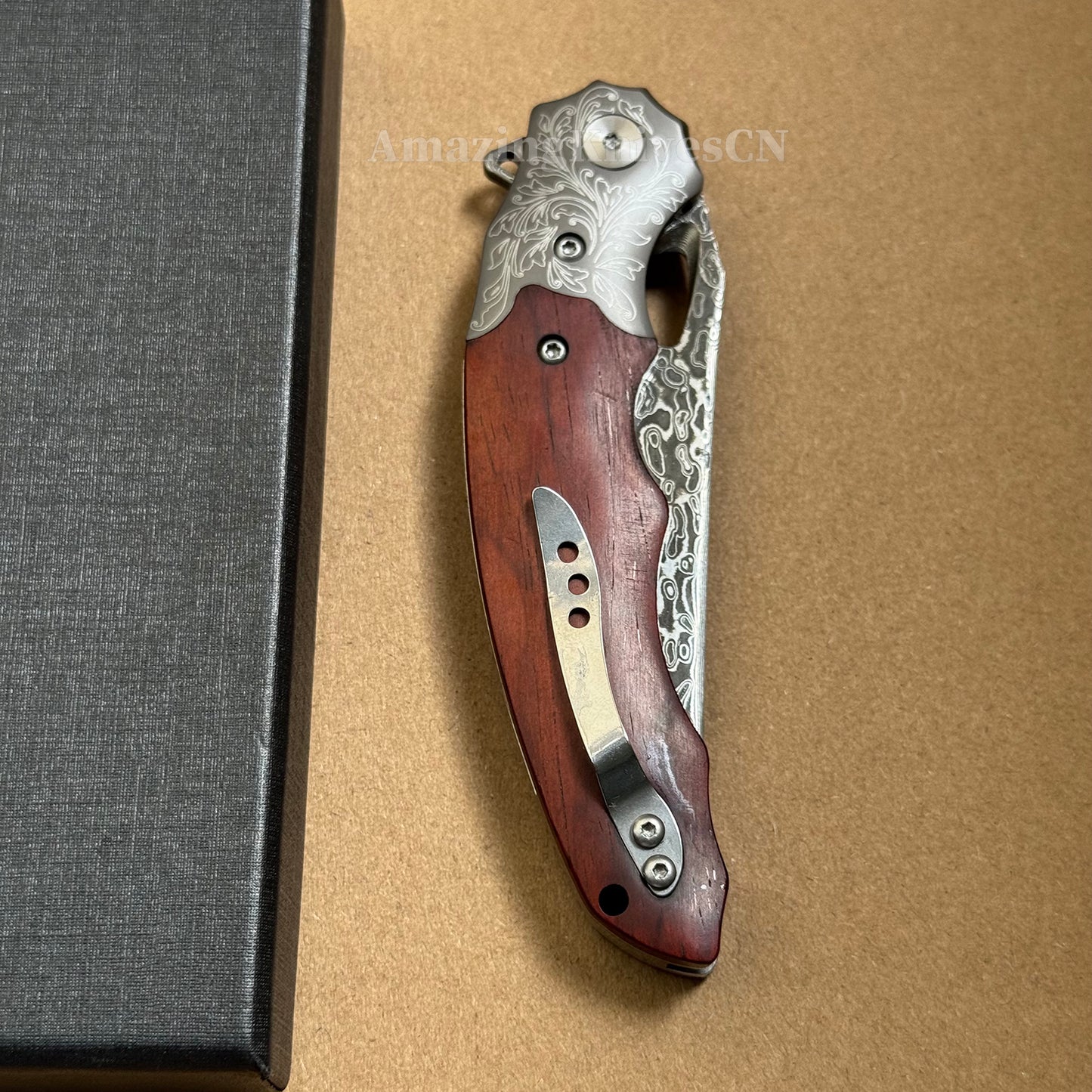 Handmade 78-Layer Damascus Steel Pocket Knife Rosewood Handle Ball Bearing Pivot - AK-HT1004