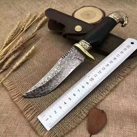 VG10 Damascus Steel Hunting Knife Fixed Blade Ebony Wood Eagle Head - AK-HT0953