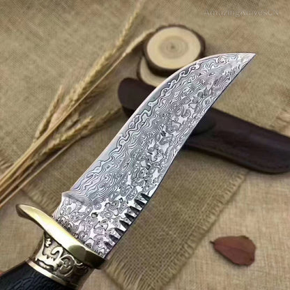 VG10 Damascus Steel Hunting Knife Fixed Blade Ebony Wood Eagle Head - AK-HT0953