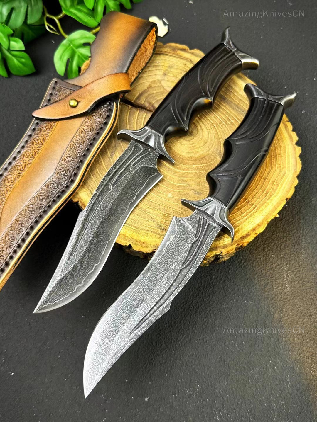 Handmade Damascus Steel Hunting Knife Fixed Blade Ebony Black w/ Sheath - AK-HT0661