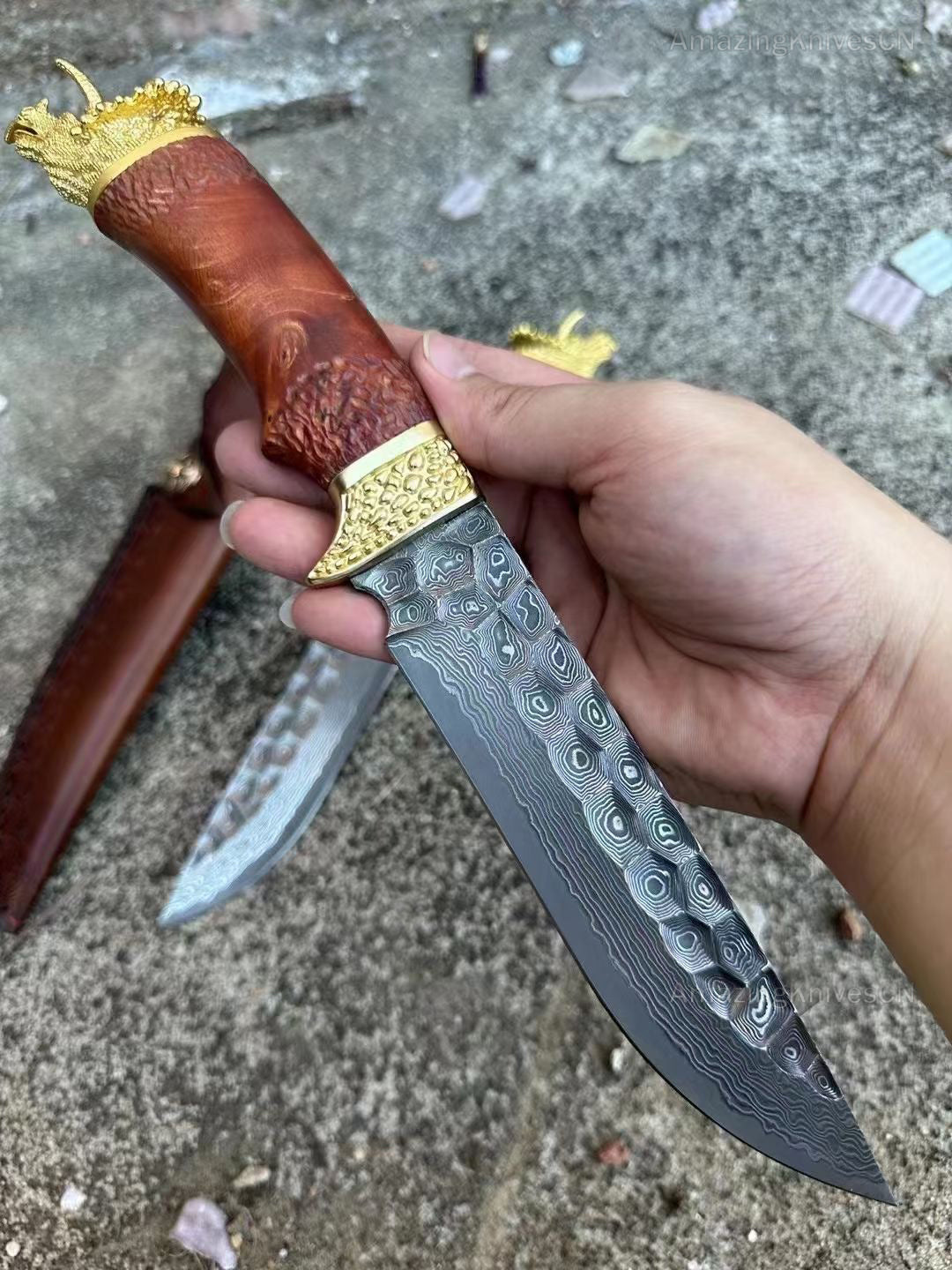 Handcrafted Collectible Damascus Hunting Knife Survival Knife Dragon Head Golden - AK-HT0941