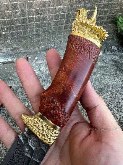 Handcrafted Collectible Damascus Hunting Knife Survival Knife Dragon Head Golden - AK-HT0941