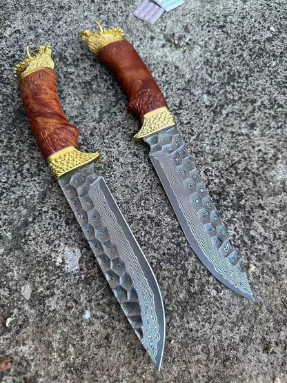 Handcrafted Collectible Damascus Hunting Knife Survival Knife Dragon Head Golden - AK-HT0941