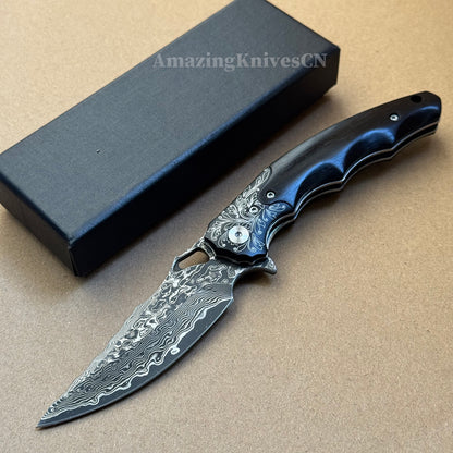 Handmade Damascus Steel Pocket Knife Ebony Wood Handle Ball Bearing Pivot - AK-HT1005