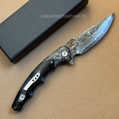 Handmade Damascus Steel Pocket Knife Ebony Wood Handle Ball Bearing Pivot - AK-HT1005