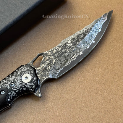 Handmade Damascus Steel Pocket Knife Ebony Wood Handle Ball Bearing Pivot - AK-HT1005