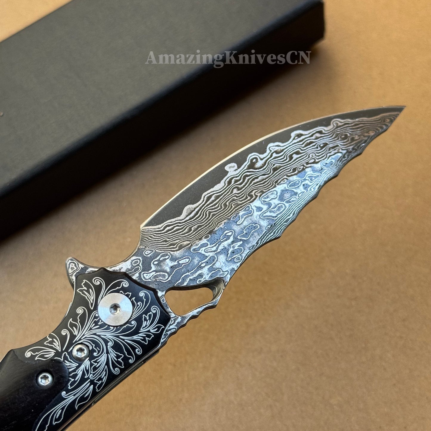 Handmade Damascus Steel Pocket Knife Ebony Wood Handle Ball Bearing Pivot - AK-HT1005