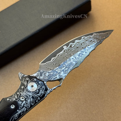 Handmade Damascus Steel Pocket Knife Ebony Wood Handle Ball Bearing Pivot - AK-HT1005