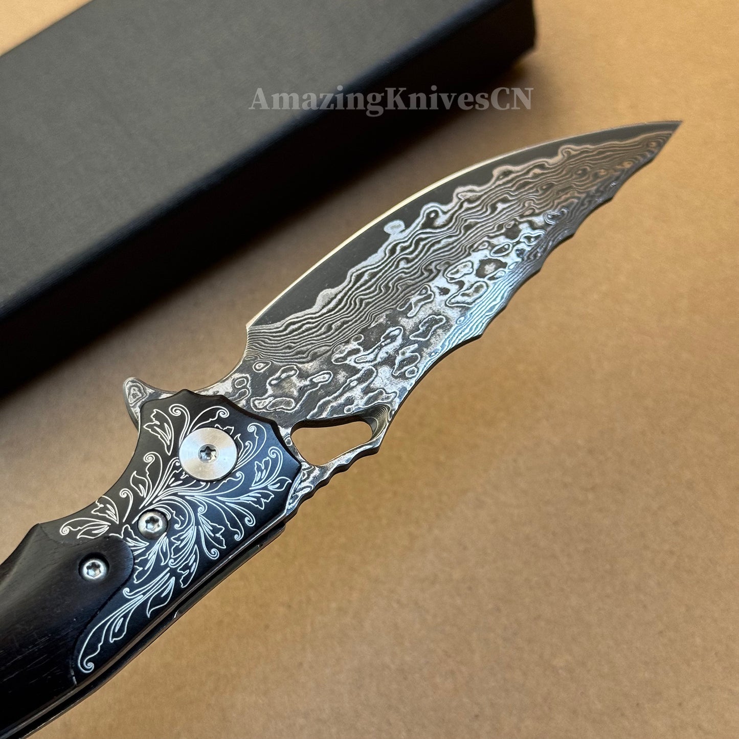 Handmade Damascus Steel Pocket Knife Ebony Wood Handle Ball Bearing Pivot - AK-HT1005