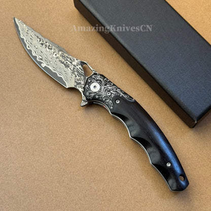 Handmade Damascus Steel Pocket Knife Ebony Wood Handle Ball Bearing Pivot - AK-HT1005