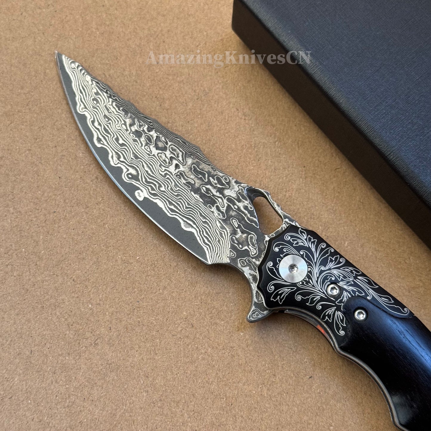 Handmade Damascus Steel Pocket Knife Ebony Wood Handle Ball Bearing Pivot - AK-HT1005