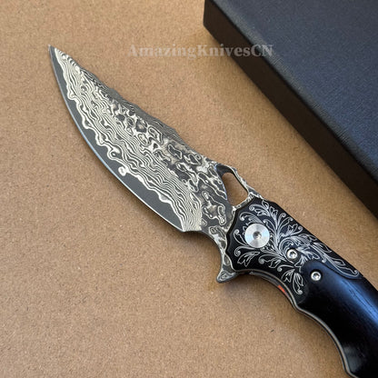Handmade Damascus Steel Pocket Knife Ebony Wood Handle Ball Bearing Pivot - AK-HT1005