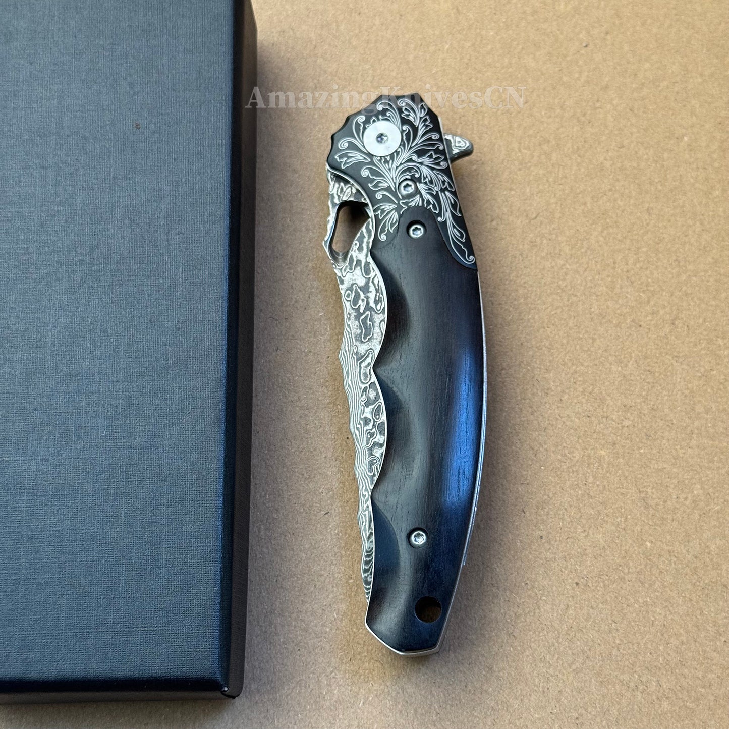 Handmade Damascus Steel Pocket Knife Ebony Wood Handle Ball Bearing Pivot - AK-HT1005