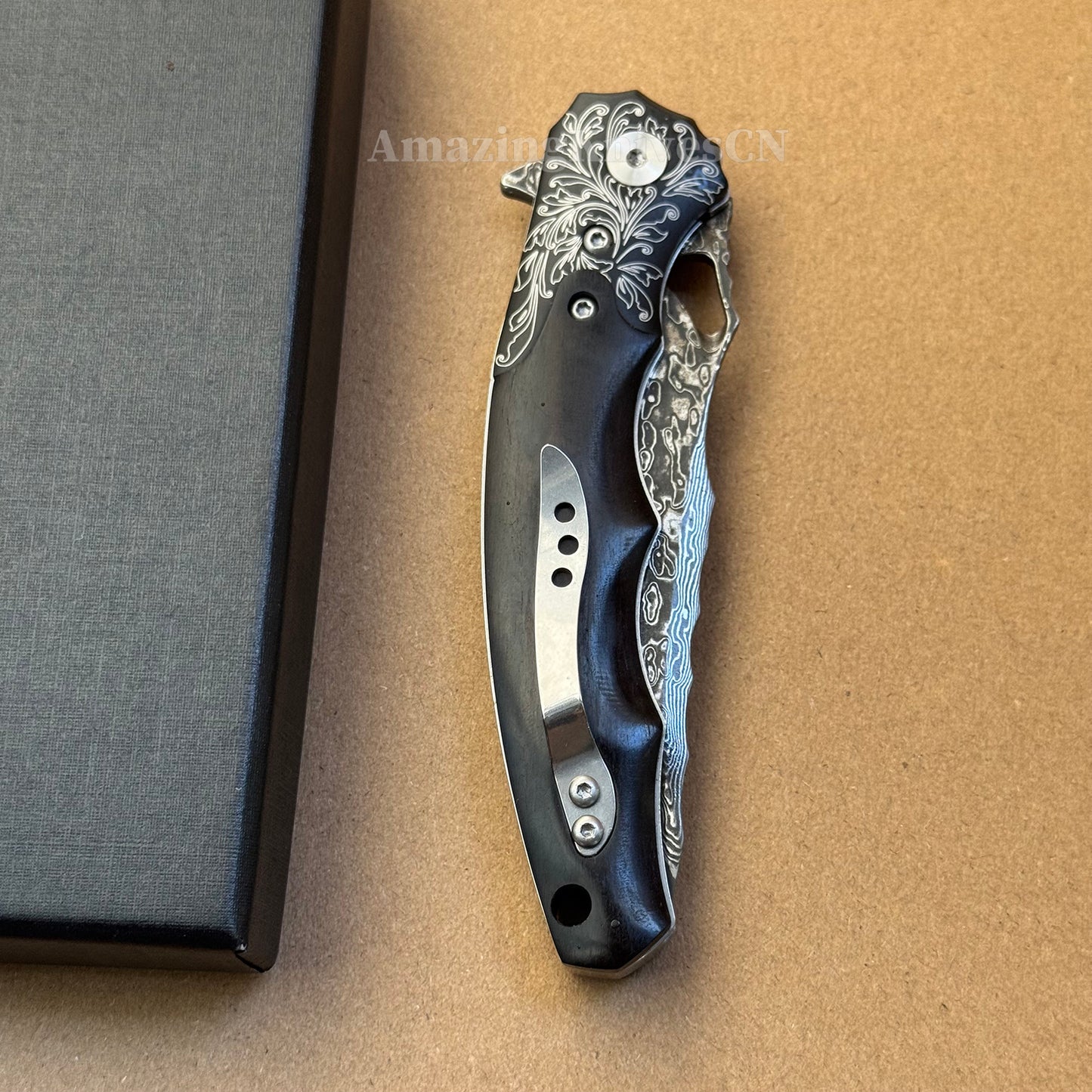 Handmade Damascus Steel Pocket Knife Ebony Wood Handle Ball Bearing Pivot - AK-HT1005