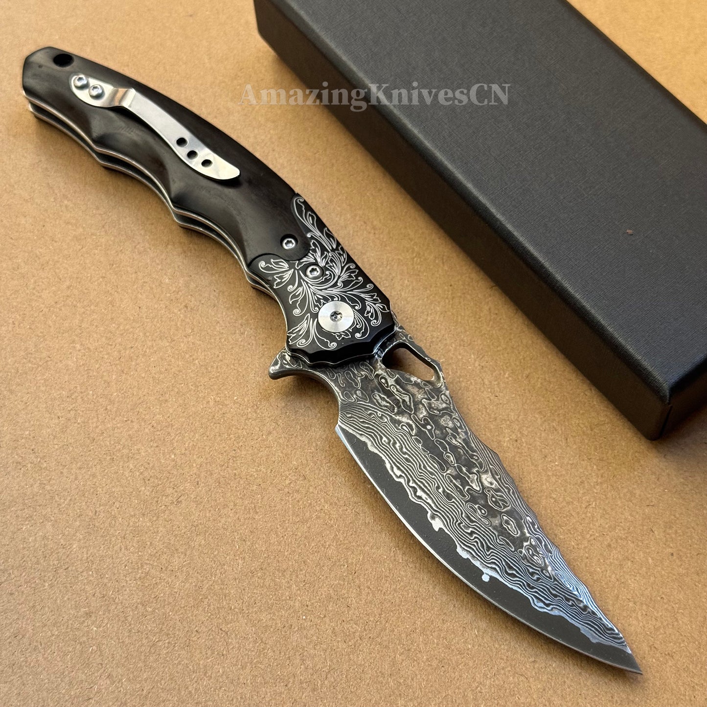 Handmade Damascus Steel Pocket Knife Ebony Wood Handle Ball Bearing Pivot - AK-HT1005
