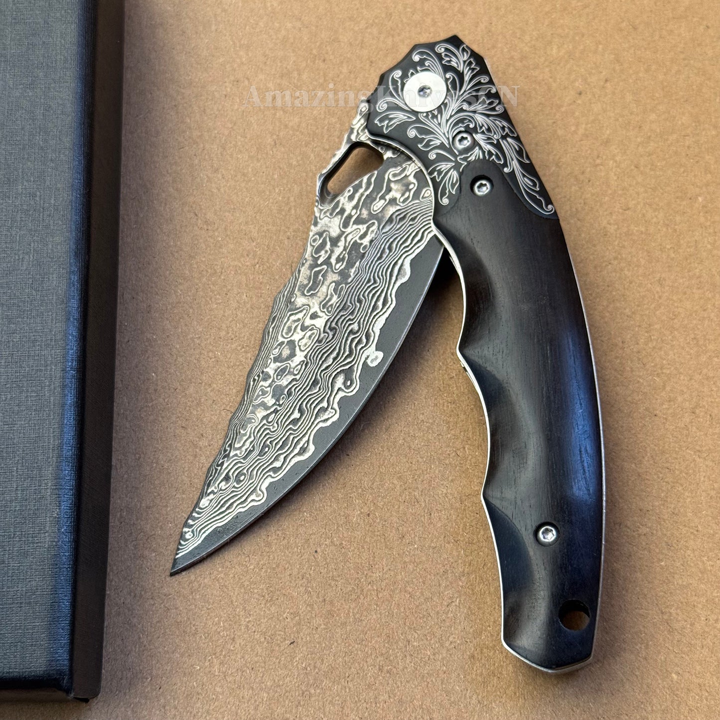 Handmade Damascus Steel Pocket Knife Ebony Wood Handle Ball Bearing Pivot - AK-HT1005