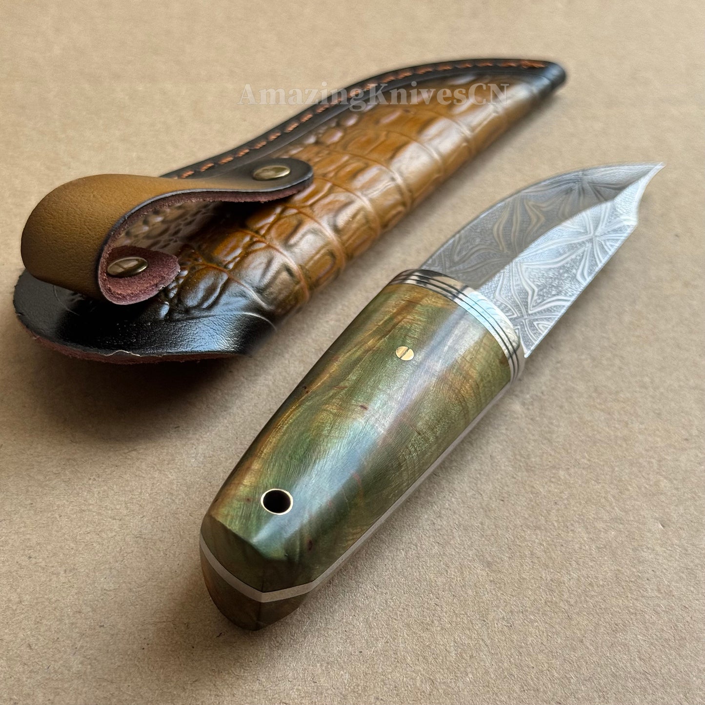 Collectible Stainless Steel Utility Knife Fixed Blade Wood Handle w/ Sheath - AK-HT0970