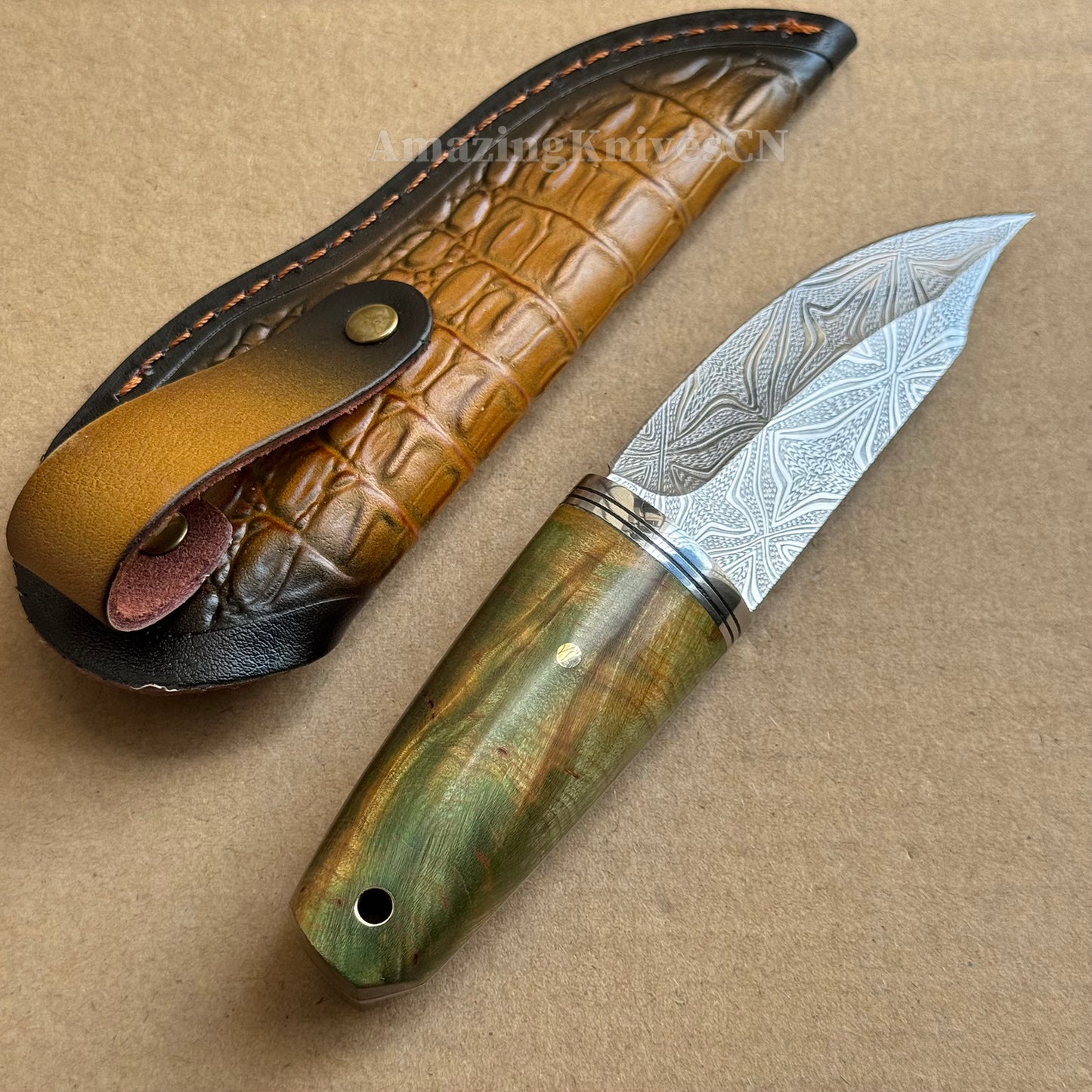 Collectible Stainless Steel Utility Knife Fixed Blade Wood Handle w/ Sheath - AK-HT0970