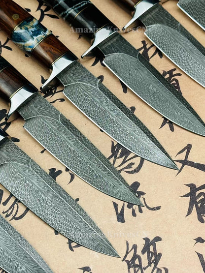 Luxury Handmade Feather Damascus Steel Hunting Knife with Leather Sheath - AK-HT0999