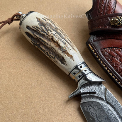 Damascus Survival knife Bowie Knife Hunting Knife Fixed Blade Stag Antler Sheath - AK-HT0746