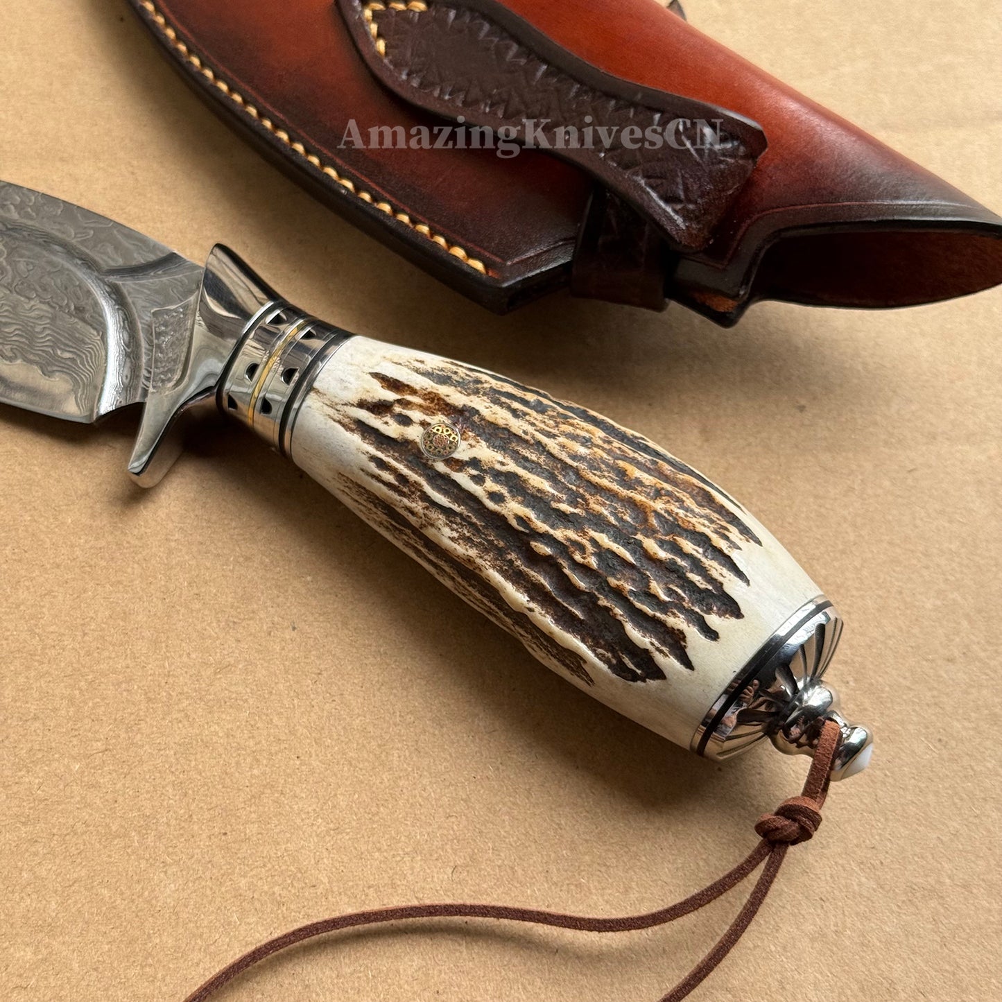 Damascus Survival knife Bowie Knife Hunting Knife Fixed Blade Stag Antler Sheath - AK-HT0746