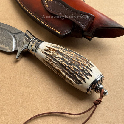 Damascus Survival knife Bowie Knife Hunting Knife Fixed Blade Stag Antler Sheath - AK-HT0746